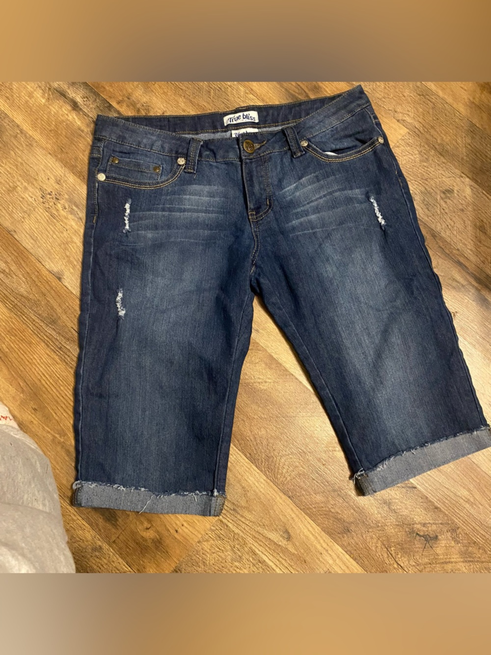 Relaxed Fit Dark Blue Distressed Denim Jeans Shorts